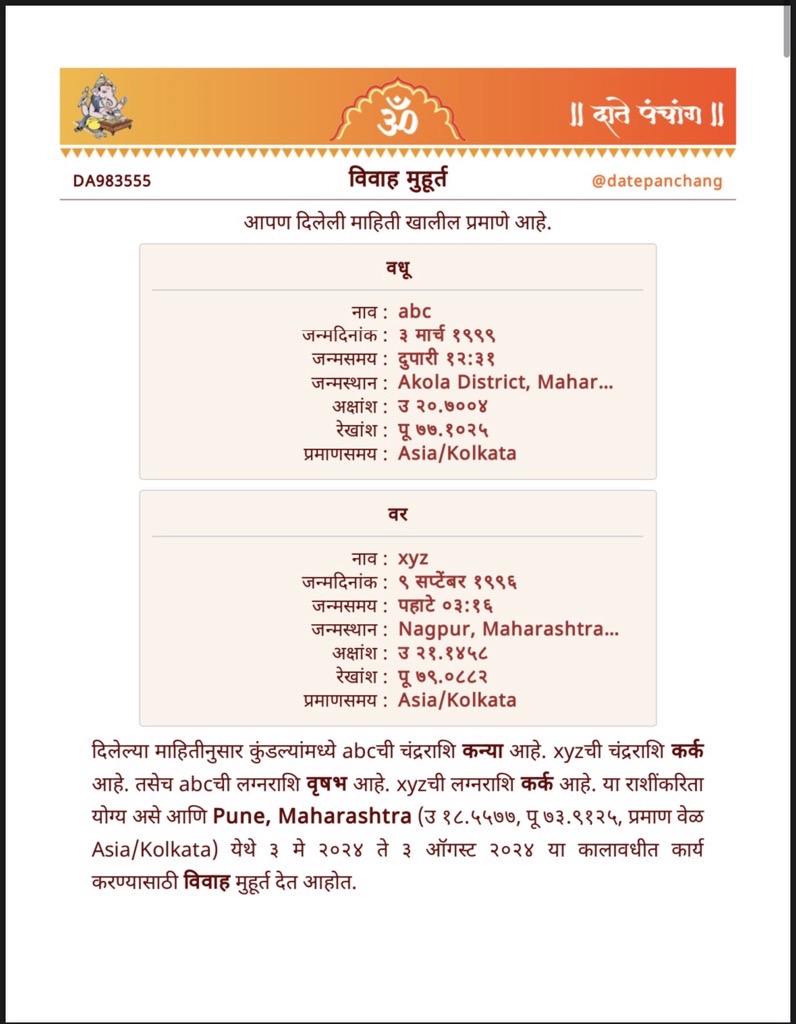 Muhurta Report Page 1